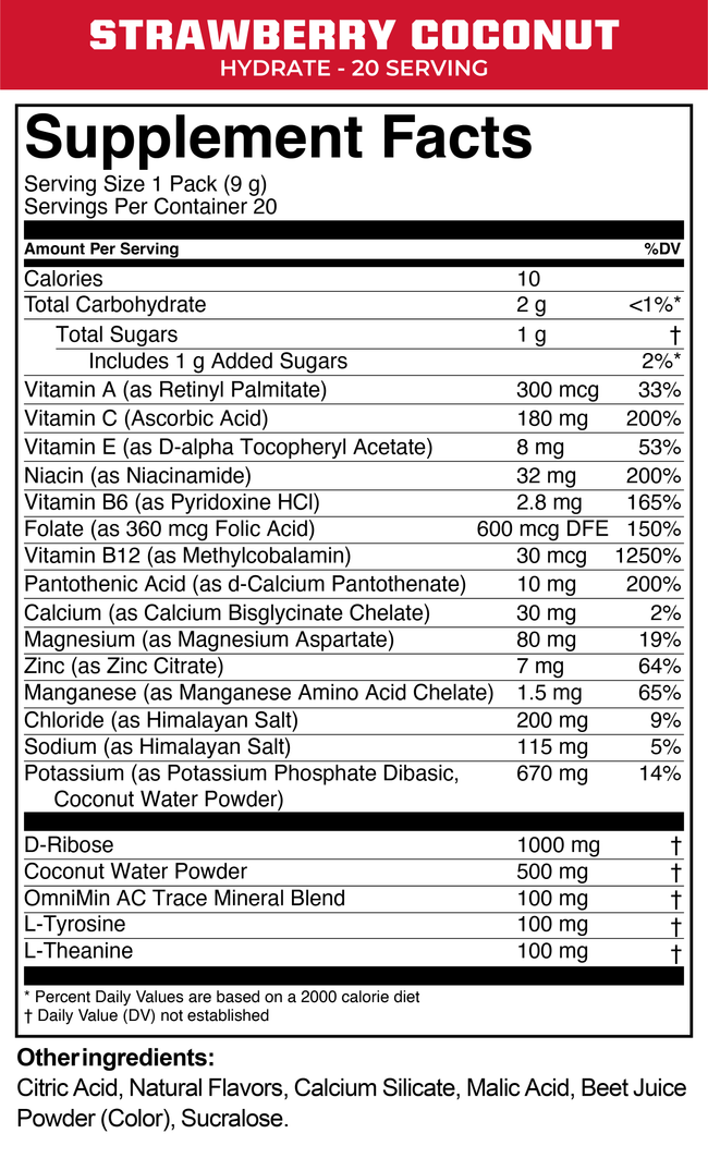 Supplement Fact HYDRATE-Strawberry Coconut